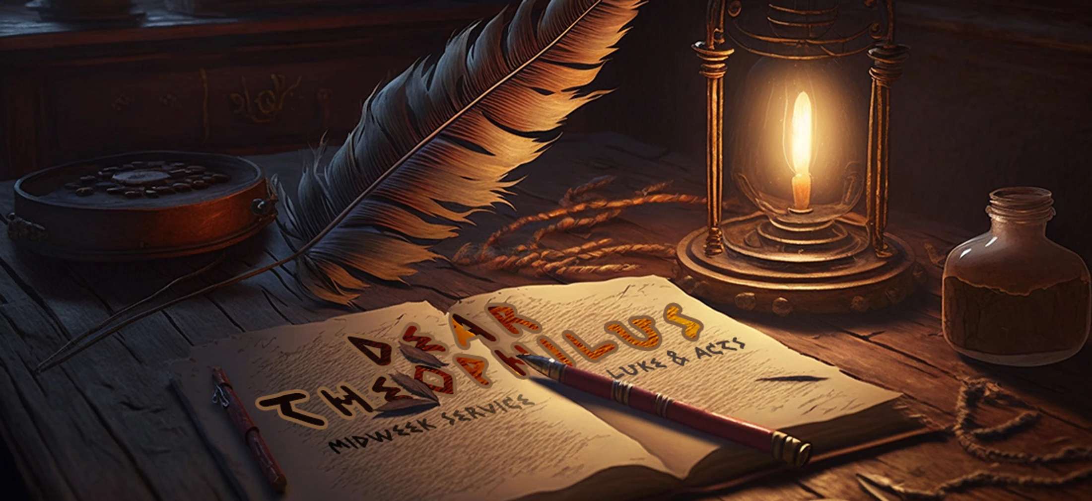 An antique wooden desk with a lit lantern, quill, ink, and an open book with the words 'Dear Theophilus' and 'Luke & Acts' written on it.